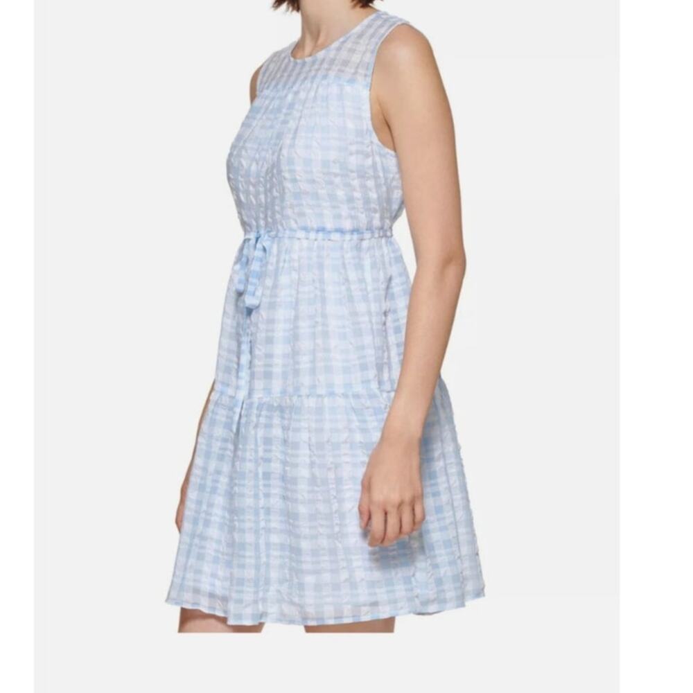 Calvin Klein Dress Women's‎ 14 Gingham Seersucker A-Line Blue White Baby Doll